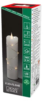 Konstsmide LED Echtwachskerze weiß, 3D Flamme, Draht umwickelt, 4/8h Timer, 1 warm weiße Diode/9 LED Tropfen, batteriebetrieben, Innen, silberfarbenes Kabel, Batterie: 2 x AA 1,5V (exkl.) - 1826-190