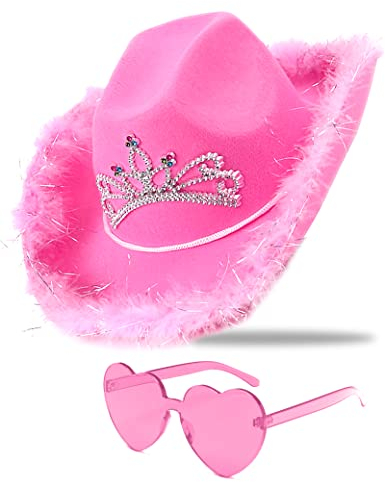 JICASTO Cowgirl-Hut Rosa mit Pailletten & Tiara Krone für Frauen Rodeo Party Hüte mit Herz Brille