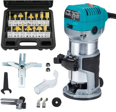 Anesty R0700 Oberfräse Elektrische Fräsmaschine 710 W Aluminium Körper 10.000-30.000 U/min Zange 8 mm 6,35 mm + Koffer mit 15 Oberfräsen 1/4 Zoll Schaft für Holzbearbeitung