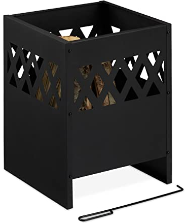 Relaxdays Feuerkorb, Feuerstelle mit Schürhaken & Rost, HBT: 53,5 x 40 x 40 cm, Feuerschale Garten & Terrasse, schwarz