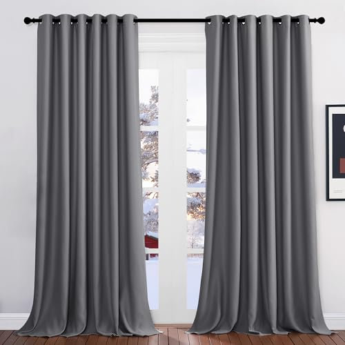PONY DANCE Extra Breite Gardine Grau Blickdicht Ösenvorhang 2er Set H 260 x B 200 Verdunklungsvorhänge Wohnzimmer Vorhänge Thermo Hitzeschutz & Wärmeisolierend Grey Blackout Curtains