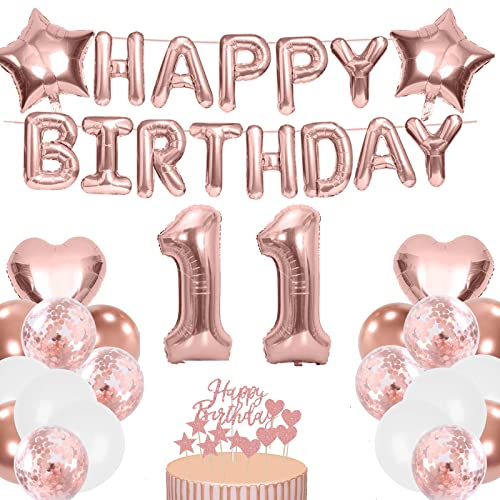 Luftballon 11. Geburtstag Deko Mädchen Roségold, Rosegold Folienballon 11 Jahre Geburtstag, Deko 11 Geburtstag Mädchen, Happy Birthday Banner, Tortendeko für Ballon 11 Geburtstagdeko Mädchen