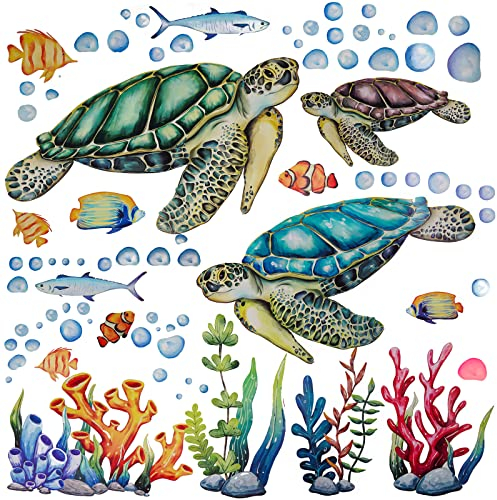 AIBAOBAO Sticker Mural Tortues de Mer, Corail et Algues - Décoration Murale pour Chambre, Salle de Bain - Autocollants Transparent pour Tortue de Mer - Stickers Muraux Salle de Bain