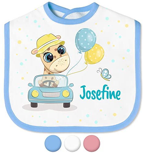 Babylätzchen mit Namen für Mädchen & Jungen – Lätzchen für Baby & Kleinkind personalisiert - mit Klettverschluss – Spucktuch Latz Kinderlätzchen - Geschenk für Kleinkinder (Giraffe, Auto, Blau)