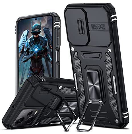 Hülle für Xiaomi Redmi Note 12 Pro 5G/Poco X5 Pro 5G Kameraschieber Schutz, Hybrid Handyhülle mit Kameraschutz Kickstand Ständer Metall Ring Hüllen, Militärqualität Stoßfeste Schutzhülle, Schwarz