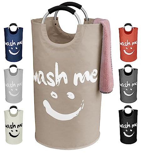 IHOMAGIC Collapsible Laundry Bin 115L, Oxford Fabric Laundry Hamper with Comfortable Handle, Smiley Laundry Basket Washing Bin Clothes Organizer for Living room, Camping, Indoor or Outdoor, Khaki