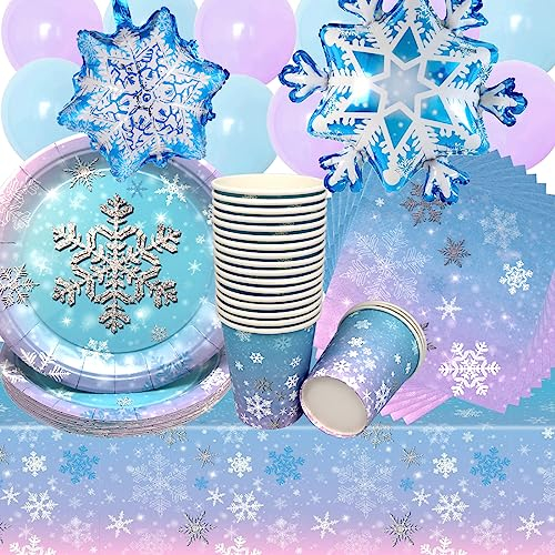 Doyomtoy Vaisselle de Fête Anniversaire Flocon de Neige - 75 Pièces Set Assiettes en Papier, Serviettes, Tasses pour Thème à Neiger - Décorations d'Anniversaire