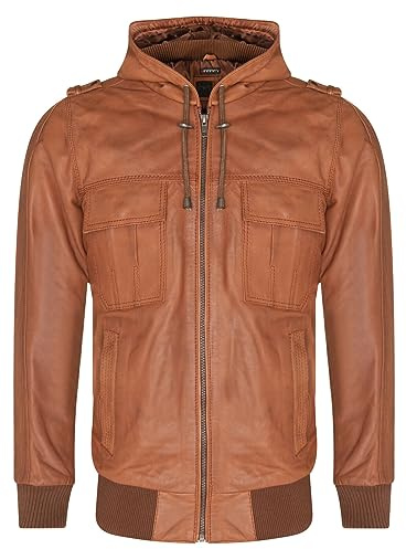 Infinity Leather Männer Braun Leder Vintage Kapuze Tan Casual Zipped Bomber Jacke