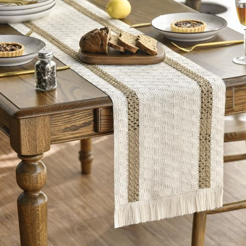 Artoid Mode Boho Landhausstil Zwei Leinen Baumwolle Quasten Tischläufer, Waschbar Tisch Dekoration Party Hochzeit Geburtstag Dekor 30x243 cm