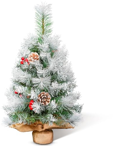 himaly 60 cm/2 ft Künstlicher Tisch Weihnachtsbaum Klein mit Schneeflocken Dekoration, Tannenzapfen, Rote Beeren, Kiefern Blättern 80 Spitzen, Leinen-Baumwolle und Zementbasis für festliche Atmosphäre