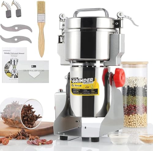 Royal Swiss® - Molinillo eléctrico (1800 W, trituradora de granos y especias de 350 g, acero inoxidable, molinillo de cereales, café, harina, hierbas, alta velocidad, cuchillas de 3 capas, seguridad