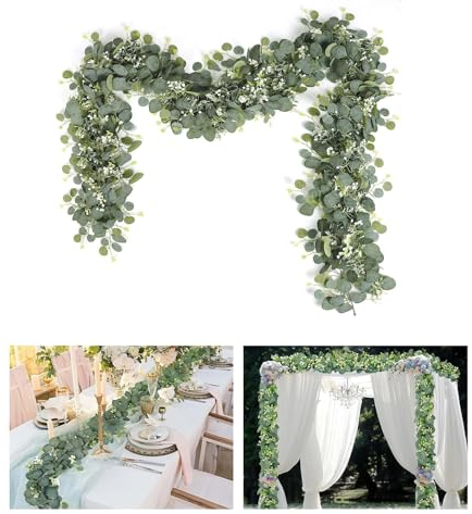 WZERHO Pflanzen Girlande Eukalyptus KüNstlich Kunstpflanze Eukalyptus Kranz Deko Girlande Blumenranken Kunstblumen BläTter GrüN für Hintergrund Hochzeit Dekoration Tischläufer Mittelstück(2x180cm)