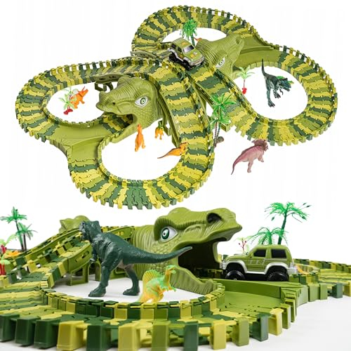 CELMAN Dinosaurier Spielzeug - Flexibles Rennbahn mit viele Teilen und Geländewagen, Autorennbahn Spielset für Kinder ab 3 4 5 6 7 8 Jahren Komplettset Geschenk (D-200)