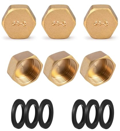 Voarge 6 tapones ciegos, tapón de latón, tapones hexagonales para válvula de escape con arandelas de goma para conexión de tubería de 3/8 pulgadas
