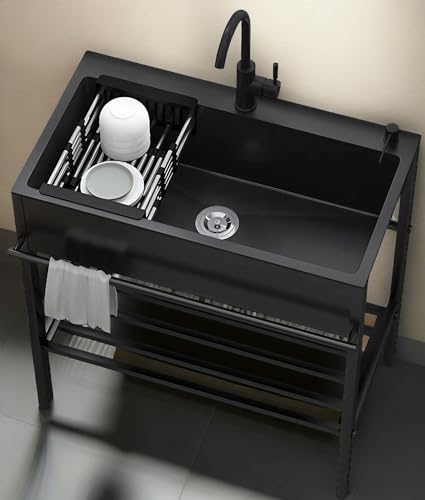Outdoor Küche Spüle, Edelstahl Waschbecken für Draußen Garten, mit Spültisch und Armatur Set, Freistehende Spülbecken, Küchenspüle Schwarz für Kitchen, Camping(Size:65x45x86cm)
