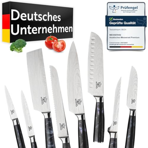 Messerhai Messerset Kuro, 8-teiliges Küchenmesser-Set mit schwarzen Resin-Griffen – Chefmesser, Santoku, Ausbeinmesser, Brotmesser, Schälmesser, Nakiri, Yanagiba, in Geschenkbox
