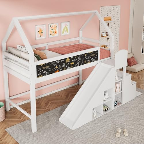 Lit Cabane Enfant 90x200 avec Escalier et Placards, Mezzanine avec Toboggan, Superposé, Rangement, Blanc