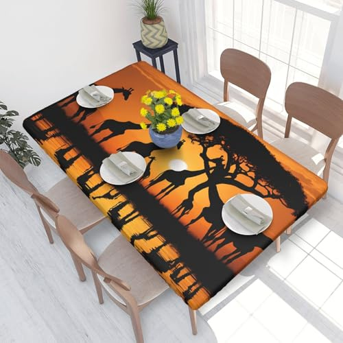 ASPOIJHN Tischdecke (Afrika Giraffe Majestätischer Baum) 122 cm, rechteckig, elastische Kanten, 122 cm, quadratische Tischdecke für Partys, Festivals, Grillabende, drinnen und draußen
