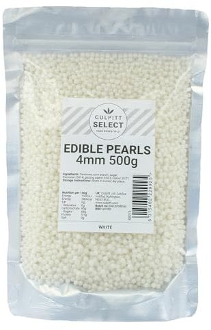 Culpitt Select Edible Pearls | Pearl White 4mm Beads, Cake Sprinkle Decorations For Cakes, Cupcakes, Cookies, Ice Cream, and Desserts | 500g