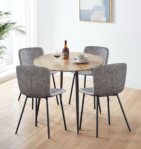 Hallowood Furniture Cullompton Small Round Dining Table and Chairs Set 4 | Oak Effect Top Kitchen Table and Chairs in Taupe Faux Leather with Metal Legs, Space Saving Home Furniture for Flat or Studio