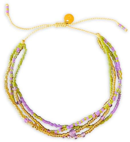 happymaker - Wickelarmband, 4 Armbänder mit Glasperlen und echten Edelsteinen, Amethyst und Mijuki Perlen in lila und olivgrün, größenverstellbar, Schmuckschachtel, handgefertigt in Deutschland