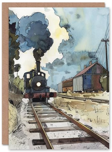 Artery8 Vintage Steam Train Station Arrival Watercolour Blank For Him Or Her Art Birthday Card