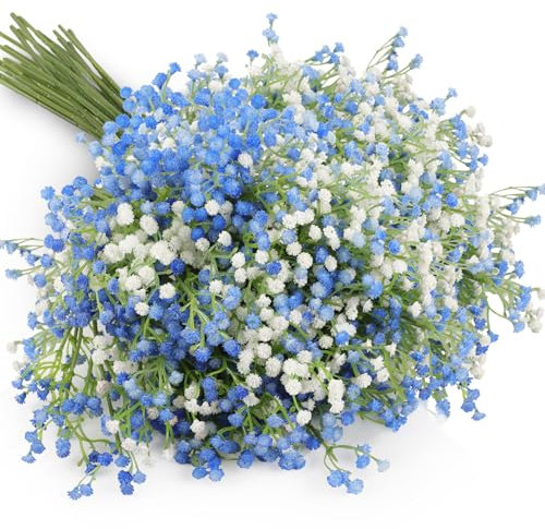 N&T NIETING Gypsophila Künstliche Blumen, 15 Stück Gypsophila Kunstblumen Schleierkraut Gefälschte Blumen Blumensträuße für Hochzeit Braut Party Home Decor (Blau&Weiß)
