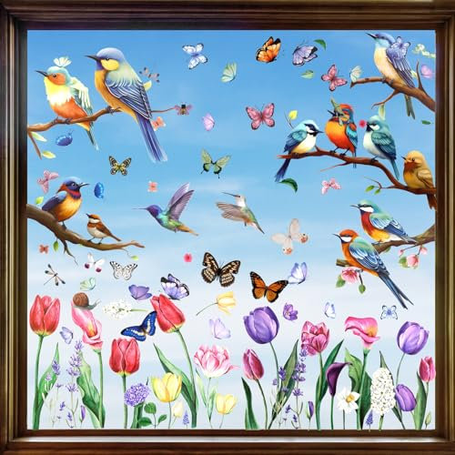 9 Blätter Fensterbilder Sommer Vögel Selbstklebend,Fensterdeko Blumen,Fensterbilder Kinder, Blumen Schmetterlinge Frühlingsdeko Fenster Aufkleber Kinderzimmer Party Deko Fensterfolie Fensterdeko