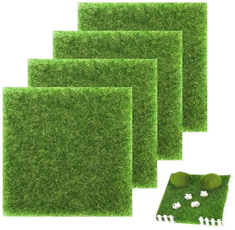 15 x 15cm Life-Like Fairy Artificial Grass Mat, 4 Pcs Artificial Grass Garden Mat Imitation Grass for Modelling Artificial Grass Mat Squares Pretend Craft Fake Grass Miniature Dollhouse Decoration