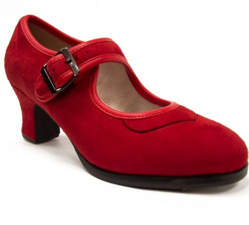 El Rocio desde 1980 Zapatos de Flamenco en Ante, con Hebilla, Doble Suela y Clavos (Rojo, Sistema Tallas Calzado EU, Adulto, Mujer, Números, Mediano, 35)