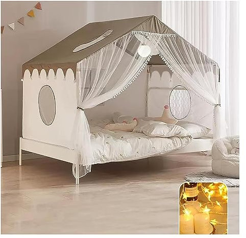 Bettzelt, Betthimmel, Betthimmel, Betthimmel, Betthimmel, Traumhafte Lichter, 4-Eck-Himmelbett aus Holz und Stangen mit Vorhängen, Elch, voll (Farbe: grau,