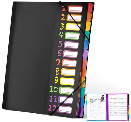 Souvik Fächermappe A4 12 Seiten Farbig mit Etiketten Dokumentenmappe A4 mit Gummizug Pultordner PP Kunststoff Wasserdicht Leicht zu Tragen Organizer für Büro Schule und Zuhause Schwarz (1 stück)