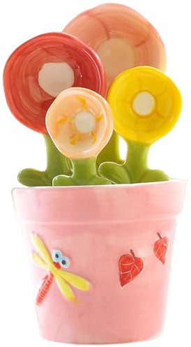 Blogiiup Ceramic Measuring Spoons, 1 Set Flower Measuring Spoons, Ceramic Cactus Measuring Spoons Set In Pot, Decorative Flower Pot Measuring Spoons and Cup Set, Style 2