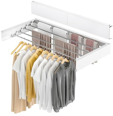 GROWNEER 80 cm x 40 cm x 10cm Wall Mounted Clothes Airer Retractable Foldaway Laundry Clothes Drying Rack 30kg Capacity With 5 Rods for Indoor Outdoor Saving Space (White)