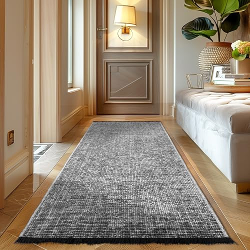 Carpettex, Chenille Teppich Baumwolle Läufer Grau 80x150 cm Waschbar, Boho-Stil, Kurzflor, Vintage Kelim, Weich & rutschfest, Einfarbig, Für Küche, Flur & Schlafzimmer
