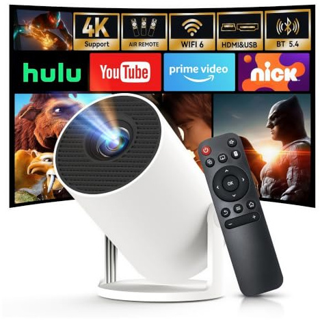 WEMI Mini Projector, Smart Projector WiFi 6 Bluetooth, Native 720P 4K Support, Portable Small Home Cinema for Bedroom & Outdoor, Ceiling, Wireless, Android TV, Phone Mirroring, Movie, HY300Pro