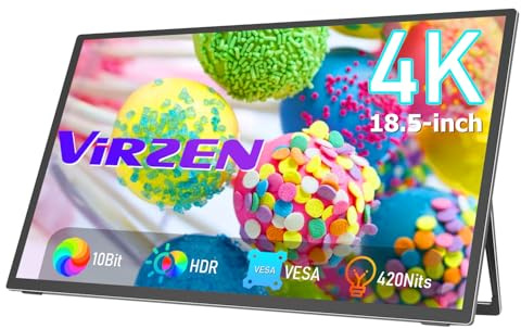 Virzen 4K Portable Monitor 18.5 Inch Portable Screen Super Slim 3840x2160 Type-C HDMI HDR Travel External Monitor with VESA Mount for PS5, Xbox Laptop Switch and