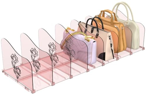 2-Pack Rose Handbag Organiser Storage, Adjustable Wardrobe Shelf Divider, Clear Purse Organiser for Closet, Plastic Bookshelf Separator for Bedroom Office Home, Great Gift for Mom Wife Friends