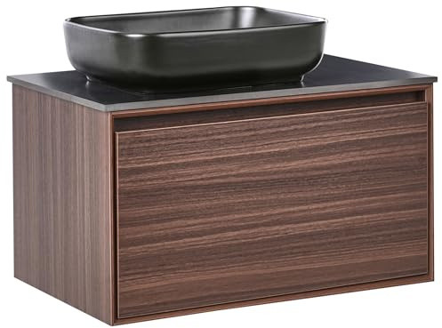 Beliani Wall Mounted Vanity Unit with Basin Engineered Wood Bathroom Cabinet Storage 80 cm Dark Brown Arica