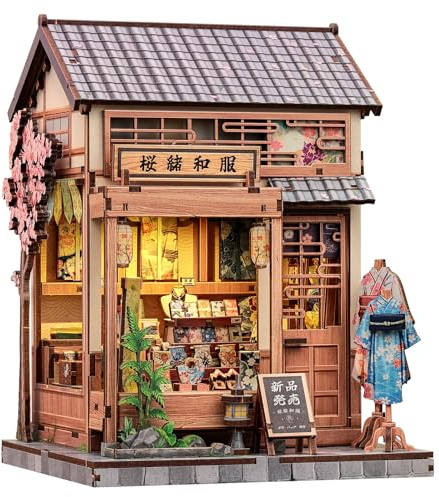 CUTEBEE Japanese Sakura Kimono Book Nook Kit - 3D Holzpuzzle Erwachsene | Miniatur Haus Selber Bauen, Kreatives Geschenk & Deko für Bücherregal