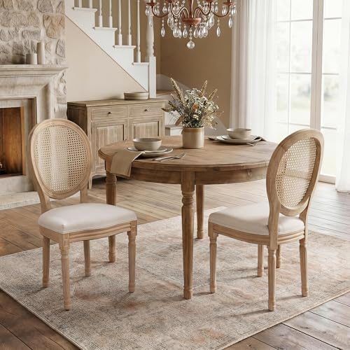 SoarFlash Französische Esszimmerstühle 2er Set, Rattan Rundlehne, Massivholz Beine, Landhausstil Vintage Stühle, Leinenpolsterung, Beige, für Esszimmer Küche Schlafzimmer