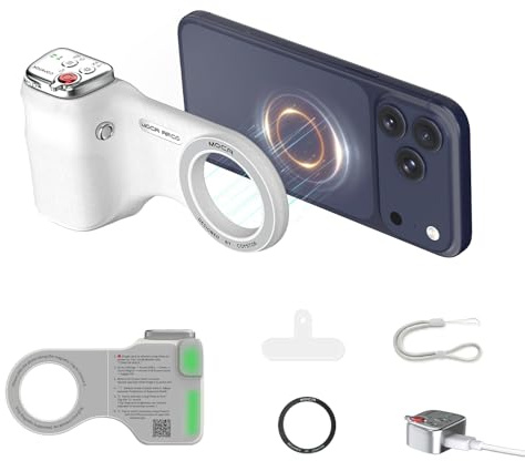 COMITOK MOCA ARCO Handy Kamera Griff Magnetisch für iPhone Pro Max, mit Abnehmbarer wiederaufladbarer Fernbedienung & Daumenauflage, kompatibel mit iOS17/18/26, für Videoaufnahme Videoanruf (Weiß)