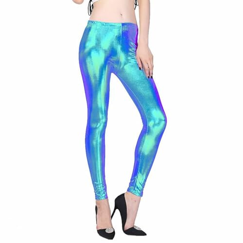 Sfwqoifou Metallic Leggings Damen Sexy Fasching Stretch Glitzerleggings Lederhosen Glänzende Yogahose 80er Jahre Outfit Shiny Karneval Sporthose Festival High Waist