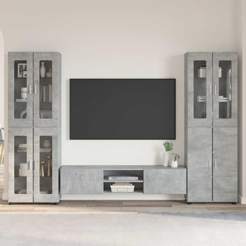 Massbinet TV-Schrankset mit Schubladen mit Regal Wohnwand Eiche Anbauwand mit Türen offenen Fächern und Einlegeboden empfohlen für Fernseher Bücher Beton Grau Holzwerkstoff