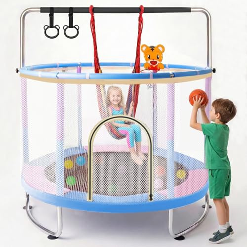 Hyner 1.5m Trampoline pour Enfant Multifonctionnel et Réglable avec Panier de Basketball, Balançoire et Anneaux de Traction, Convient pour l'Intérieur et l'Extérieur, Anniversaire