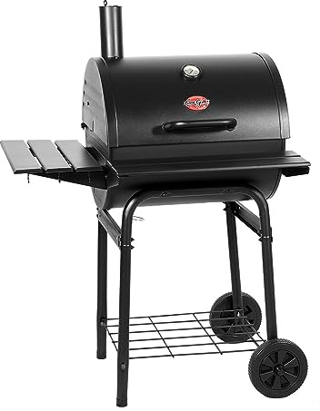 Char-Griller® Wrangler® Charcoal Grill in Black with Metal Shelves, EasyDump™ Ash Pan, Premium Wood Front and Side Shelves with Utensil Hooks