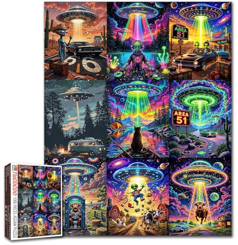 UFO Alien Puzzle 1000 Teile für Erwachsene, farbenfrohes fliegendes und Area 51-Puzzle mit Wüstenstraßen-Landschaften und lustigen Abenteuerszenen, Retro-Kunstwerk-Herausforderungspuzzles, Geschenk