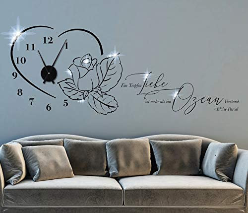 tjapalo® pkm503 Wohnzimmer Wanduhr Wandspruch Zitate Blaise Pascal Ein Tropfen Liebe ist mehr als ein Ozean Verstand Wandtattoo Uhrwerk, Größe: B100xH39cm (+Uhrwerk schwarz), Farbe: schwarz