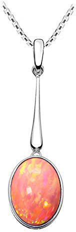 Paul Wright Collier avec pendentif en forme de goutte d'opale en argent sterling 925 de forme ovale de 15 mm x 10 mm, couleur rose corail vif, 41 cm + rallonge de 5 cm