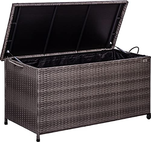STILISTA® Polyrattan Auflagenbox 122 x 62 x 56 cm Deckel mit Hubautomatik, Innenplane, Räder und Tragegriffe, 4 Farben, Farbauswahl: Grau